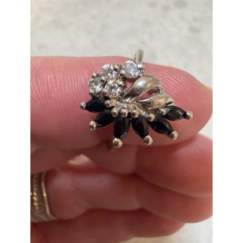Vintage BJG Silver Tone Black Marquise & Clear Stone Cluster Bypass Ring